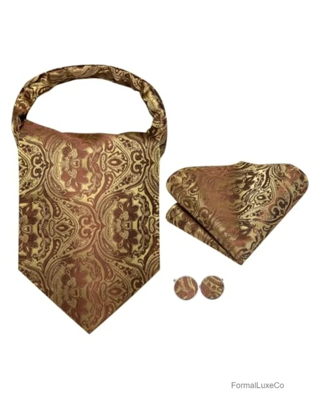 Silk Ascot Tie Set with Pocket Square Cufflinks and Lapel Pin for Wedding
